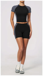 Summer New Yoga Sets Women Breathable Contrasting Color Short Sleeve Slim Sports T Shirts Training Running Shorts Fitness Suit