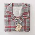 Men Brushed Cotton Vintage Plaid Stripe Pajama Set Lapel Collar Long Sleeve Top Pants Home Sleepwear Loungewear