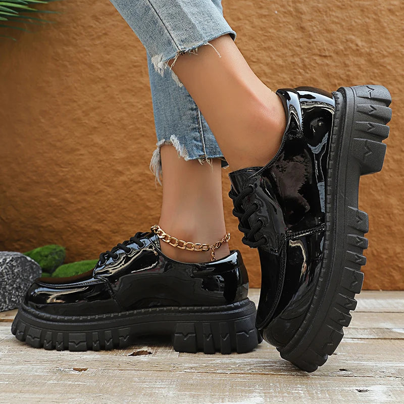 Black Patent Leather Platform Loafers Women 2025 Autumn Thick Bottom Pu Leather Shoes Woman Plus Size Lace Up Student Shoes 42