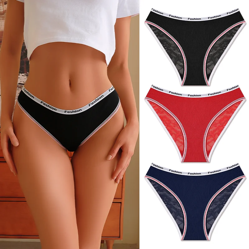 3Pcs/Set Women's Cotton Lace Panties V-Waist Sexy Sport Low Waist Briefs S-XL Comfortable Underwear Female Soft Color Underpants