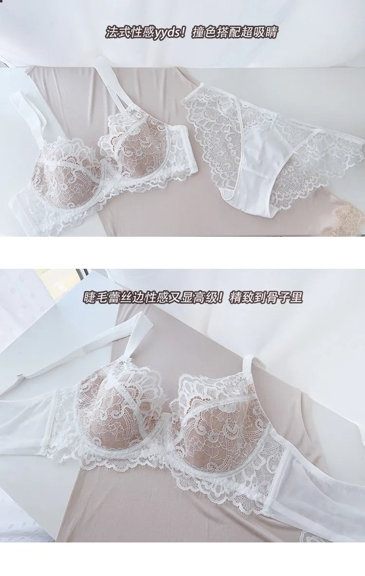 French Lace Bra Set Women Sexy Deep V Push Up Big Bust Minimizer Anti Sagging Support Wireless Comfort Summer Ultra Thin Cotton
