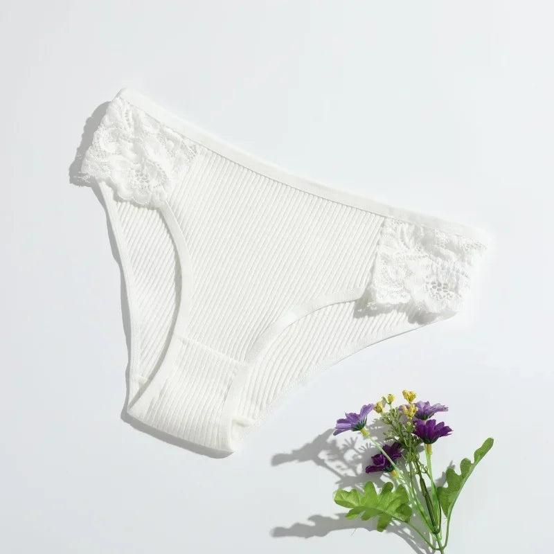4Pcs/Set Cotton Panties Women Low Rise Briefs Breathable Underwear Solid Color Lace Trims Panty Female Underpants Sexy Lingerie