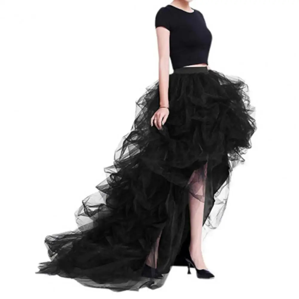 Solid Color Skirt Women Tulle Puffy High-Waist Elastic Waistband High-Low Hem Wedding Planning Gown Skirt Party Dress
