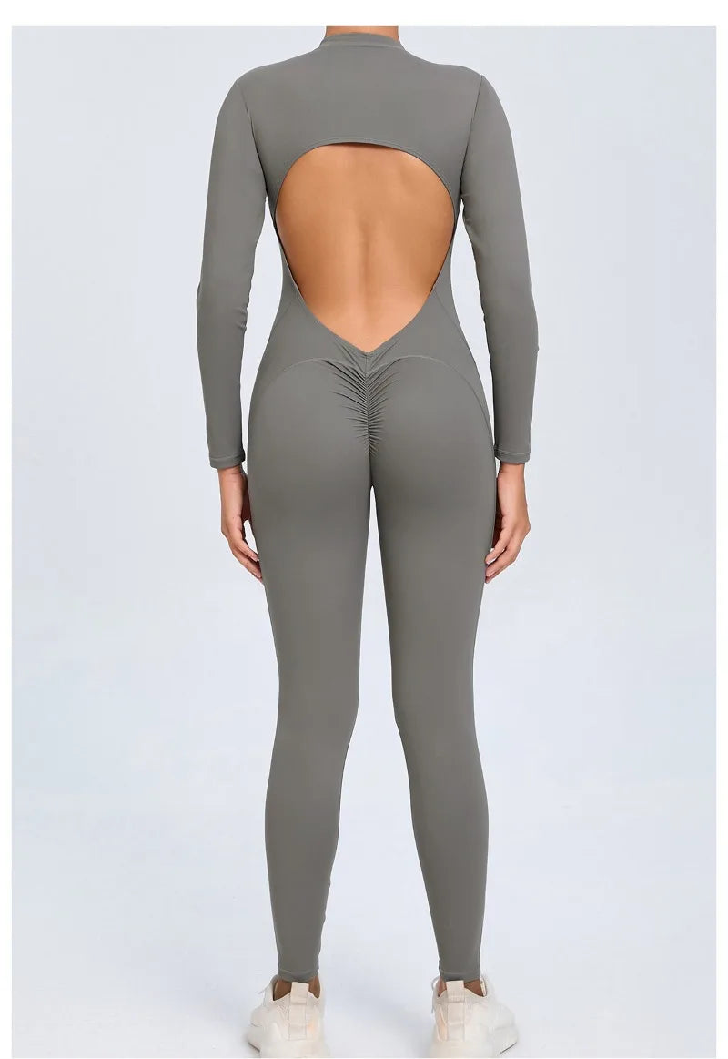 Women's Seamless Yoga Bodysuit Long Sleeve Zipper & Back Cutout Naked Feeling Quick-Dry Running Fitness Workout Jumpsuit