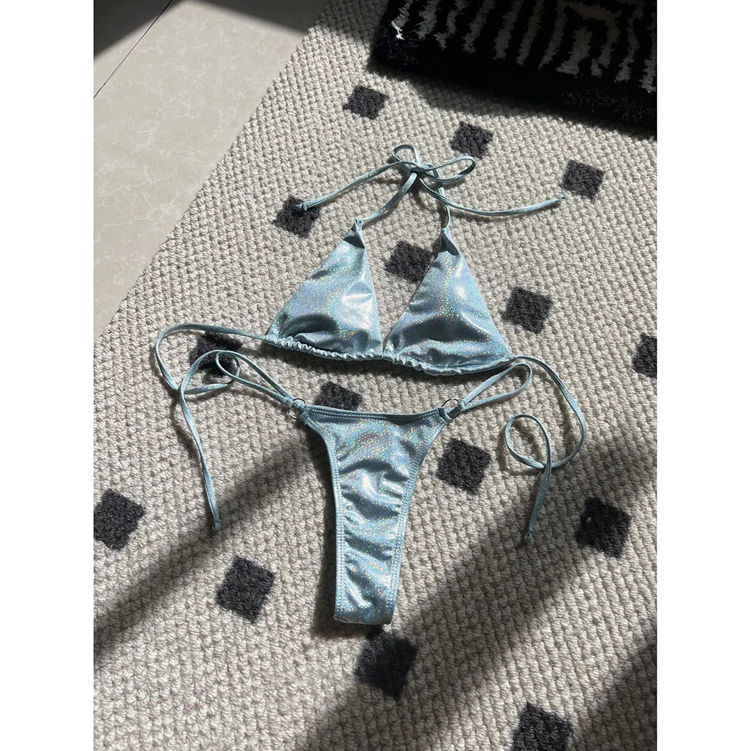 Halter Glitter Sparkling High Leg Cut Bikini Women Swimwear Female Swimsuit Two-pieces Bikini Set Bather Bathing Suit Swim V5102