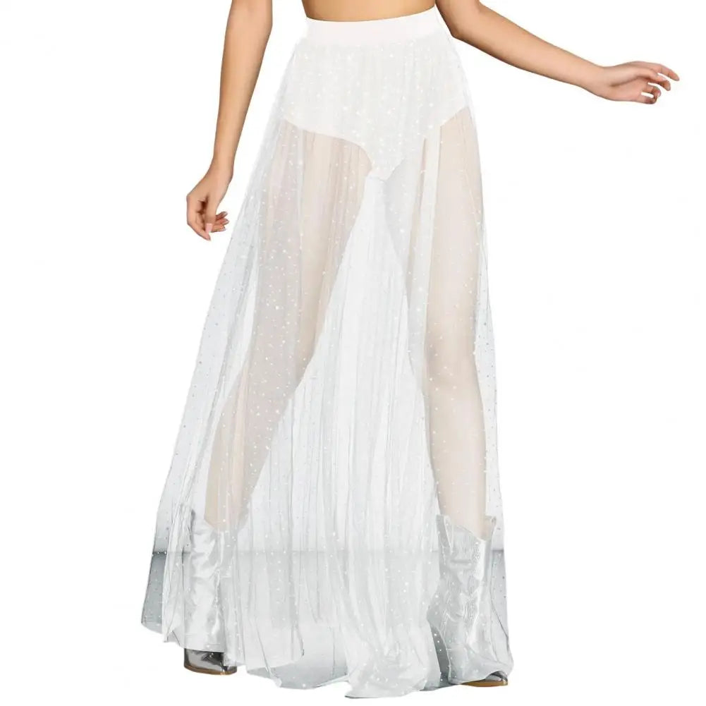 High Waist Pleated Lace Mesh Yarn Skirt Sexy Perspective Skirt Elastic Shiny Rhinestones Decor Maxi Skirt Nightclub Daily Wear