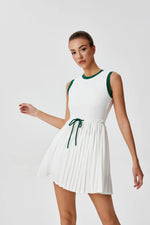 Summer Round Neck One-piece Tennis Dresses for Women White Contrast Sleeveless Drawstring Built-in Shorts Fitness Pleate Skirt