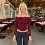 Y2K Streetwear Lace Long-Sleeve Off-Shoulder Top for Women American Style Slim-Fit Hot Girl T-Shirt Lady Spring Autumn Outfit