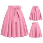 Women Skirt A-line Big Swing Belted Tight Waist Bow Decor Solid Color High Waist Soft Ruffle Summer Dating Party Midi Skirt