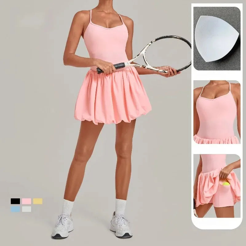 Women's Tennis Skirt Dress Sports Fitness Golf Beautiful Back Slim-fit One-Piece Training Workout Gym Anti-exposure Yoga Dress