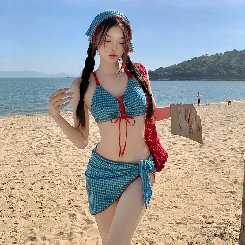 New Blue Plaid Bikini Set Cute Sea Vacation Four-Piece Suit Separate Design High Quality Girls Pure Desire Cross-Border Item
