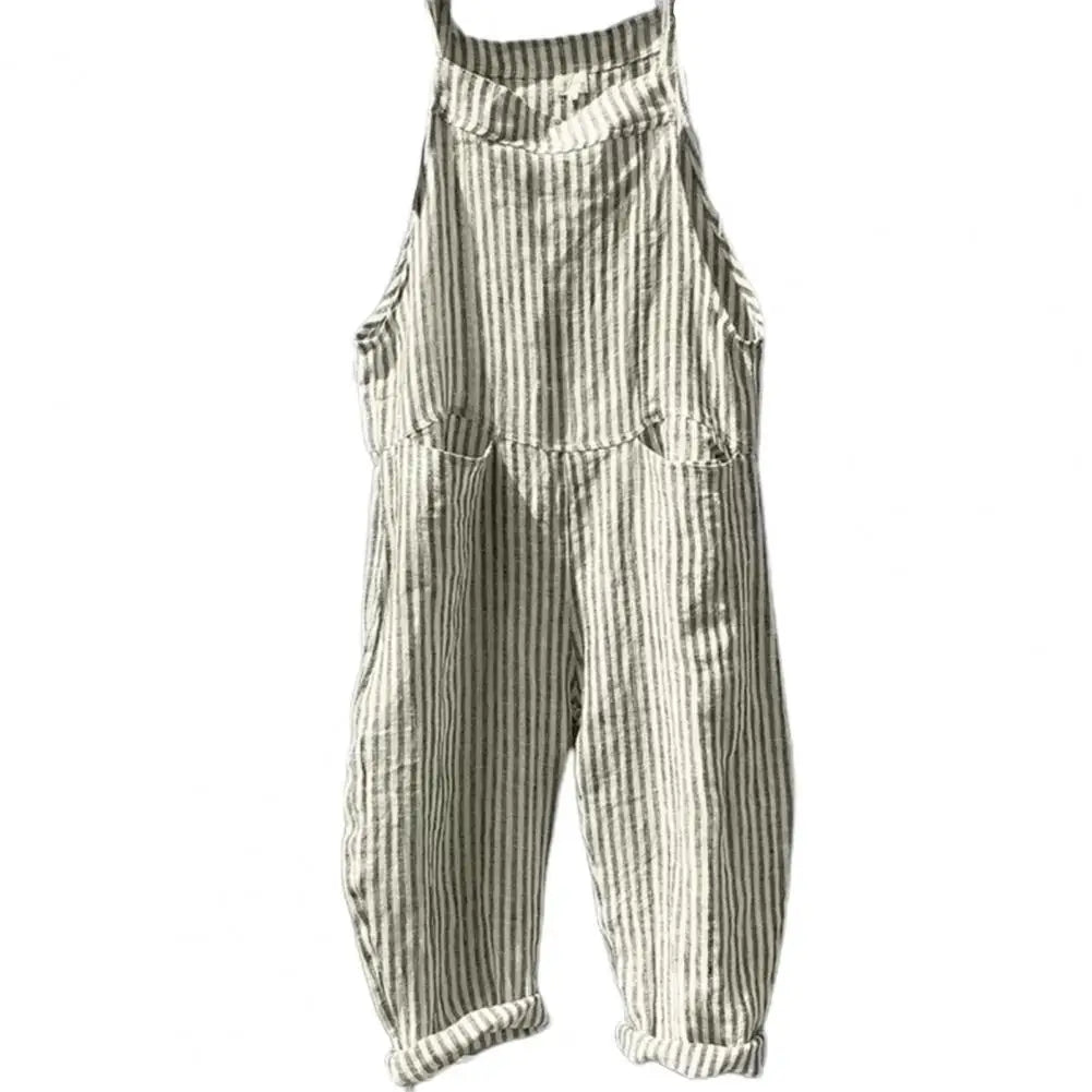 Casual Striped Print Sleeveless Jumpsuit Sling Big Pockets Wide Leg Summer Jumpsuit Women Female Clothing