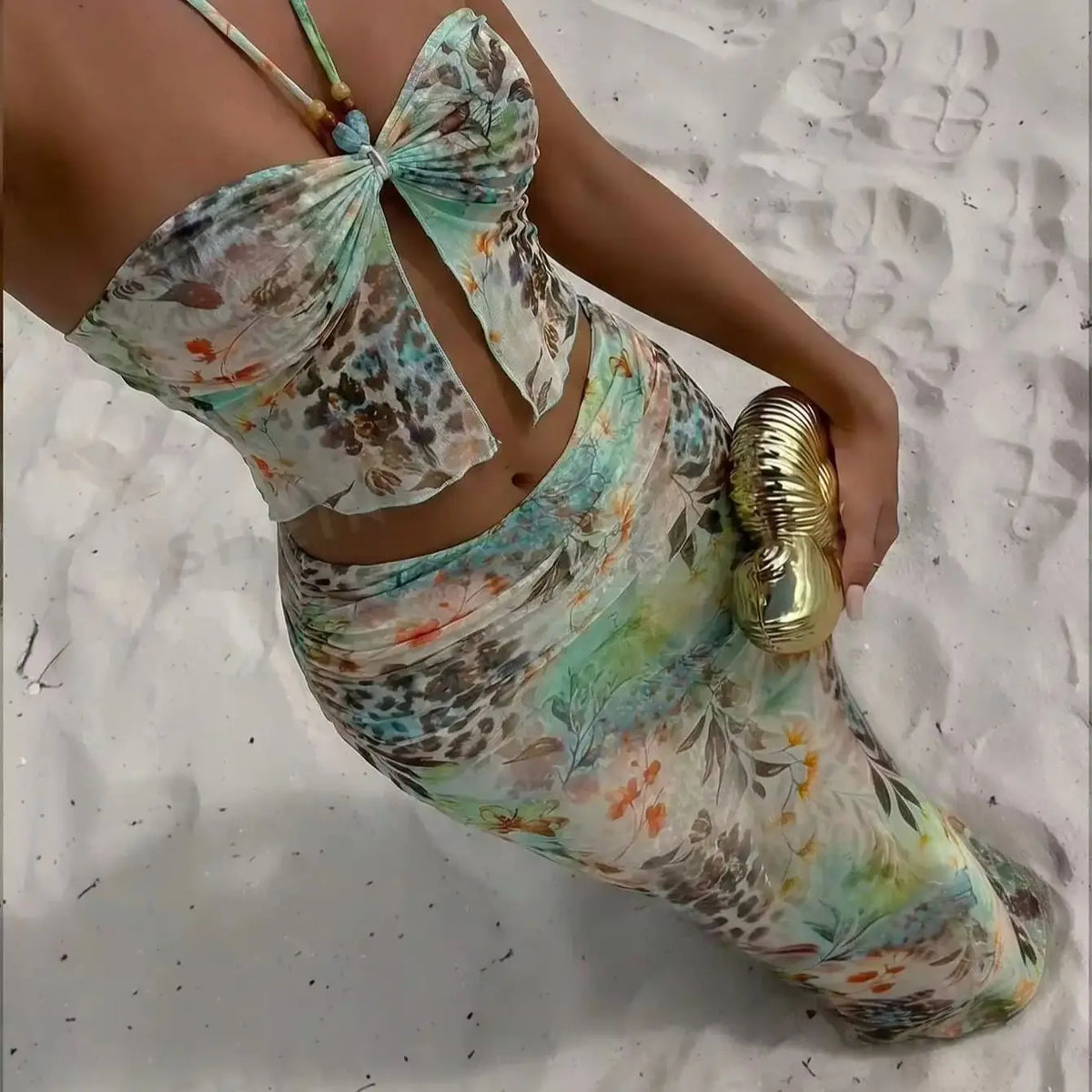 DEKA 3 Pieces Flower Bikini Sexy Women Swimsuit Halter Swimwear Female Cover Up Printed Bikini Set Beachwear Bathing Suits