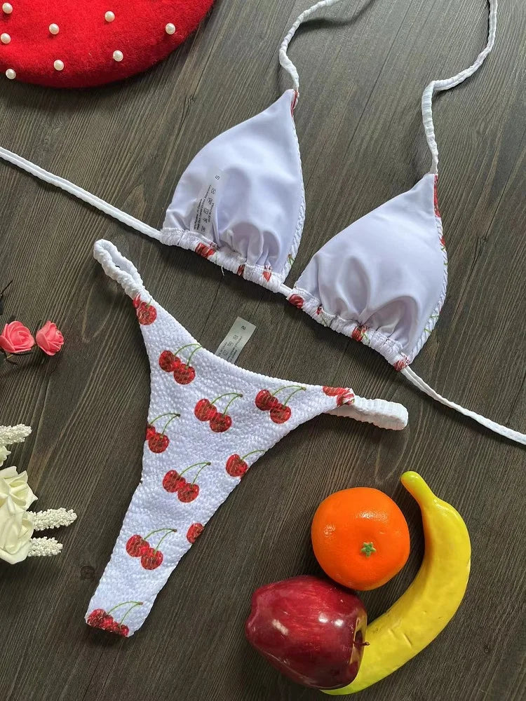 Swimwear Women CuteCherry Print Brazilian Thong Bikini Set Sexy Thong Swimsuit Two Pieces Bathing Suit Women 2023 Beach Wear