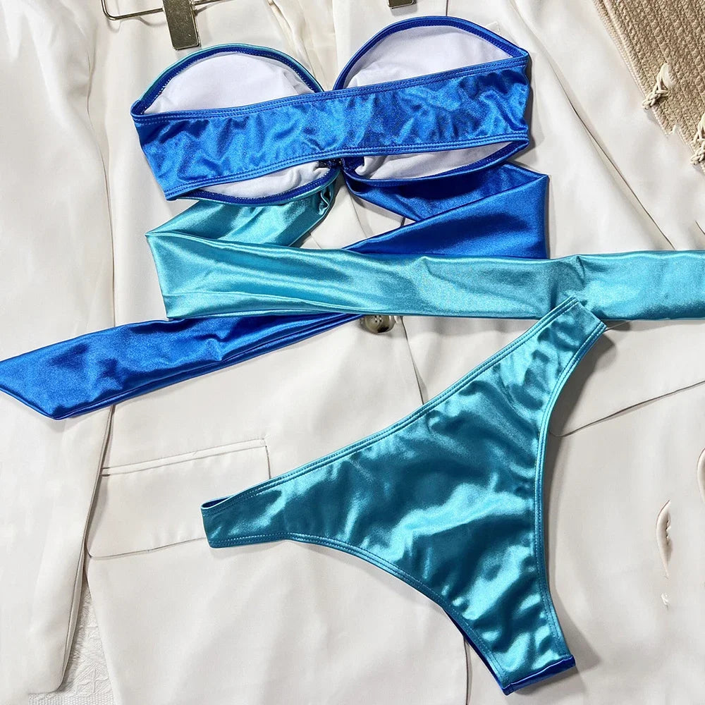 Splicing Strapless Bandeau Bikinis Sets 2026 Mujer Swimsuit Women Swimwear Back Bow Bathing Suit Biquinis Swim Wear Beachwear