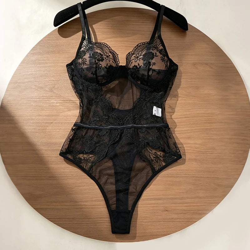 Women Floral Lace Bodysuit Black Sheer Mesh One Piece Lingerie Sexy V Neck Spaghetti Strap Teddy Bodysuit Boudoir Sleepwear