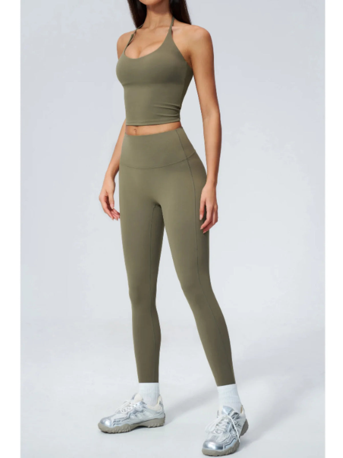 Women Tracksuit 2PCS Seamless Yoga Sets Hanging V Neck Slim Sports Tank Top Fitness Outfits Gym Running High Waist Leggings Suit