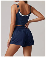 Women's New Summer Yoga Sets Color Blocked Double Strap Workout Tank Top Fitness Suit Drawstring High Waist Short Sport Set