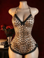 Lace-Trimmed Leopard Printed 2 Pieces Pajamas Set Women Sleepwear Straps Crop Top & Shorts Suit Home Clothes Loungewear