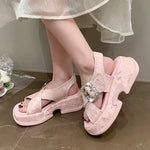 Fashion Crystal Buckle Platform Sandals Women Pink Embroidery Thick Heels Sandalias Mujer Comfortable Heightened Rome Sandals