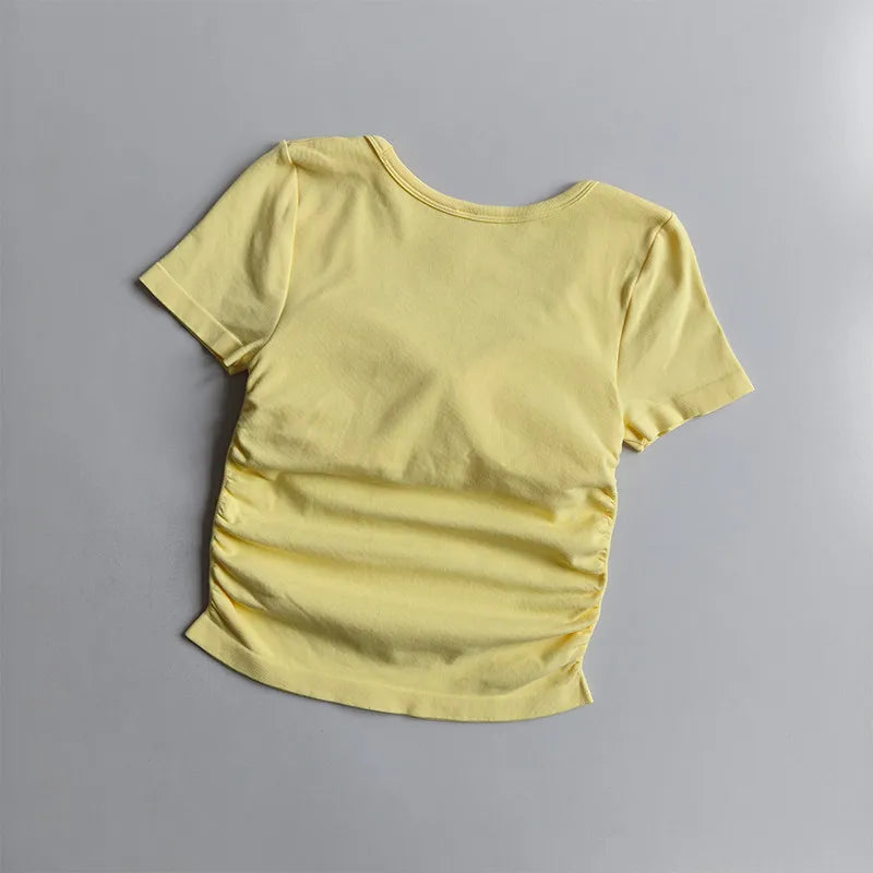 Big round Neck Yoga T-Shirt Short-Sleeved Slimming Sports Top with Fixed Chest Cushion for Running Pilates Summer Stretch