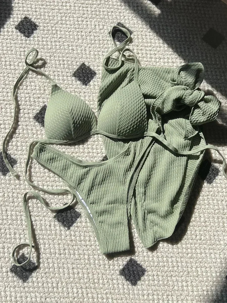 With Skirt Wrinkled Bra Cup Bikini Female Swimsuit Women Swimwear Three-pieces Bikini Set Push Up Bathing Suit Swim Beachwear
