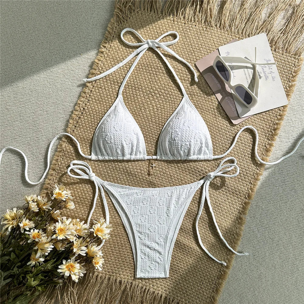Pink Flower Emboss Solid Swimwears Halter String Triangle Bikini Micro Thong Sexy Swimsuit Women 2026 Bathing Suit Bikinis Sets
