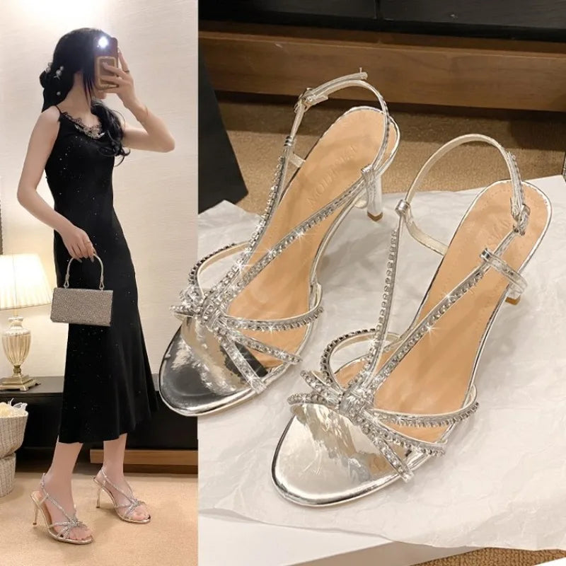 2026Rhinestone Luxury Fashion Summer Woven Sandals Stiletto Heel Silver High Heels Wedding Shoes Bride