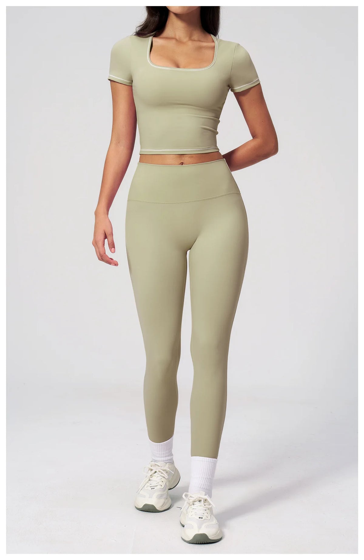 2PC Color Contrast Yoga Suit Women Short Sleeve Square Collar Slim Sports Top Fitness Suits Outdoor Exercise Leggings Tracksuit