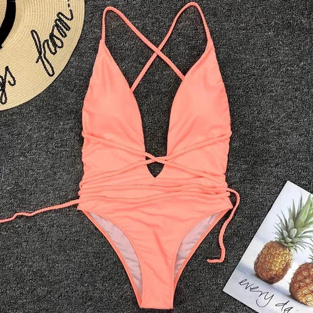 New 2025 Sexy Deep V Neck Wrap Around Female Swimwear One Piece Swimsuit Women Backless Monokini High Cut Bathing Suit Swim Lady