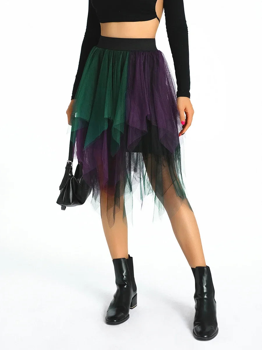 Women's Irregular Tulle Long Skirts Elastic High Waist Layered Mesh Tutu A-line Skirts Bohemian Korean Fashion Y2K Skirts