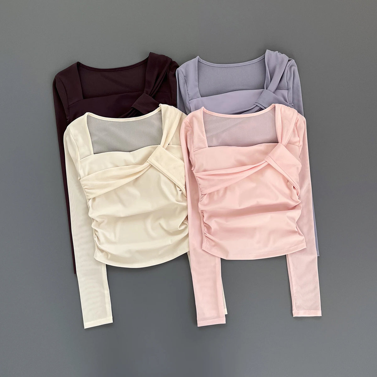 Women Square Neck Mesh Long Sleeve Yoga Top Shoulder Twist Side Ruched Soft Breathable Fitness Sports Tee ****