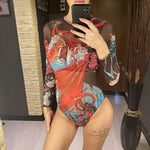 S - XXL Printed Long Sleeve With Sarong One Piece Swimsuit Women Swimwear Female Flowers Padded Bather Bathing Suit Swim V7181