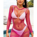 1 PC Women Sheer Mesh Long Sleeve Beach Cover Up Sexy See-Through Fishnet Bodycon Dress for Summer No Bikini Included