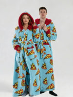 Winter Hooded Flannel Bath RobeCouples Loose Fit Animal Fruit Multi Print Long Loungewear Robe with Belt Double Side Pockets