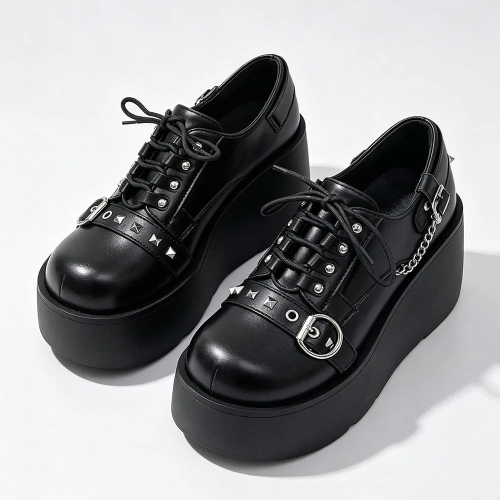 New Arrival Gothic Black Rivets Platform Creepers Shoes White Chain Decor Goth Creepers Chunky Lace Up Lolita Casual Shoes