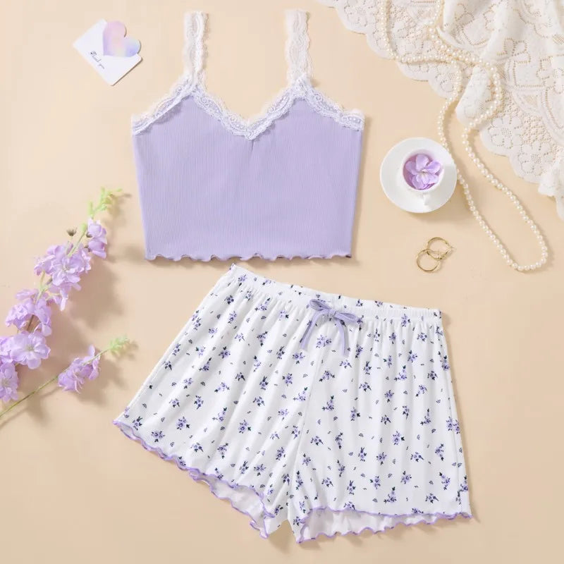 A Set Summer Pajamas For Women Mini Tank Tops And Shorts Best-Selling Loungewear Lace-trimmed Corset & Floral Short Pajama Sets