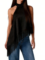 Women's Summer Solid Color Satin Halter Mock Neck Tops Sleeveless Tassel Hem Loose Fit Tank Tops