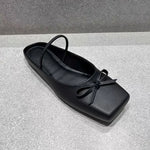 2025 Summer Elegant Black Square Toe Ballet Flats Shoes Women Butterfly Knot Slip On Comfy Walking Mules Shoes Outdoor Slides