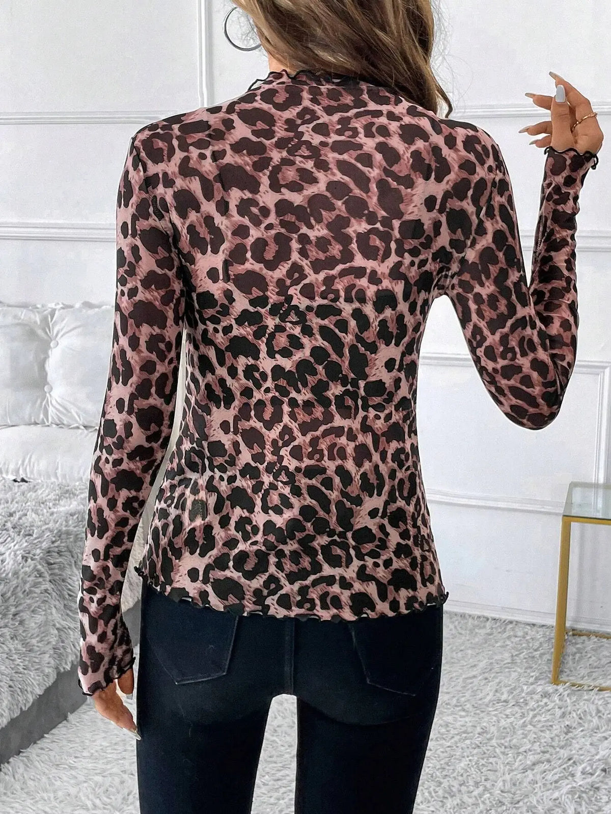 European and American style sexy leopard print mesh earrings tights T-shirt tops women's inner tops