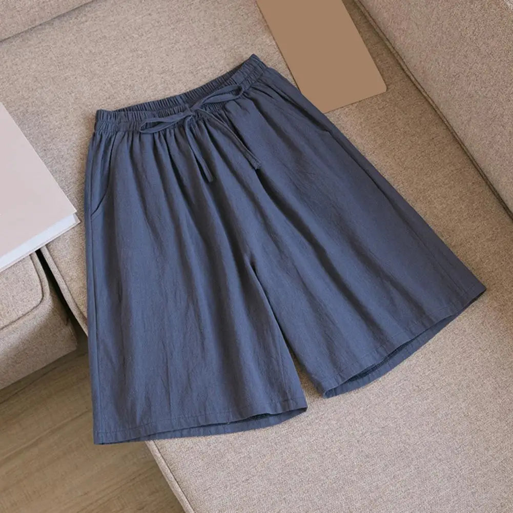 Wide Leg Loose Short Pants Women Summer Casual Shorts Elastic Waist Drawstring Pockets Shorts Solid Color Streetwear
