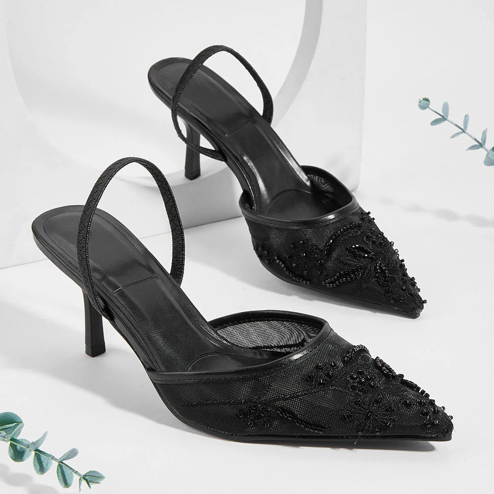 Nude 2 ways to wear Slingback Sandals Mules Big Size 42 Black Pointy Toe Mesh Embroidery Beading Thin High Heels Shoes Women