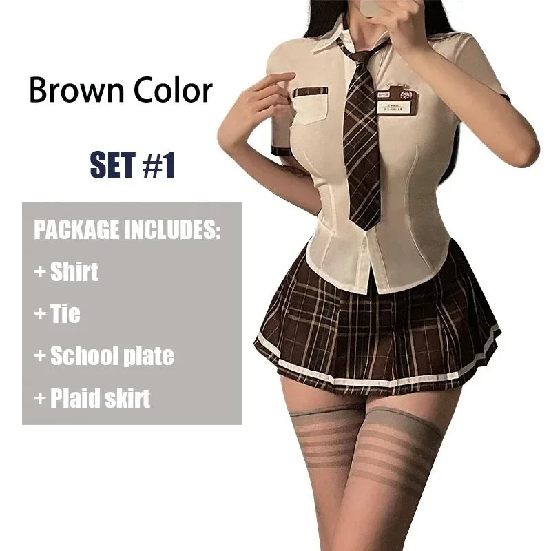 Women Sexy Lingerie Slim Fit Schoolgirl Cosplay Outfit Student JK Uniform Shirt with Plaid Pleated Skirt Panties Set Costume