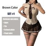 Women Sexy Lingerie Slim Fit Schoolgirl Cosplay Outfit Student JK Uniform Shirt with Plaid Pleated Skirt Panties Set Costume