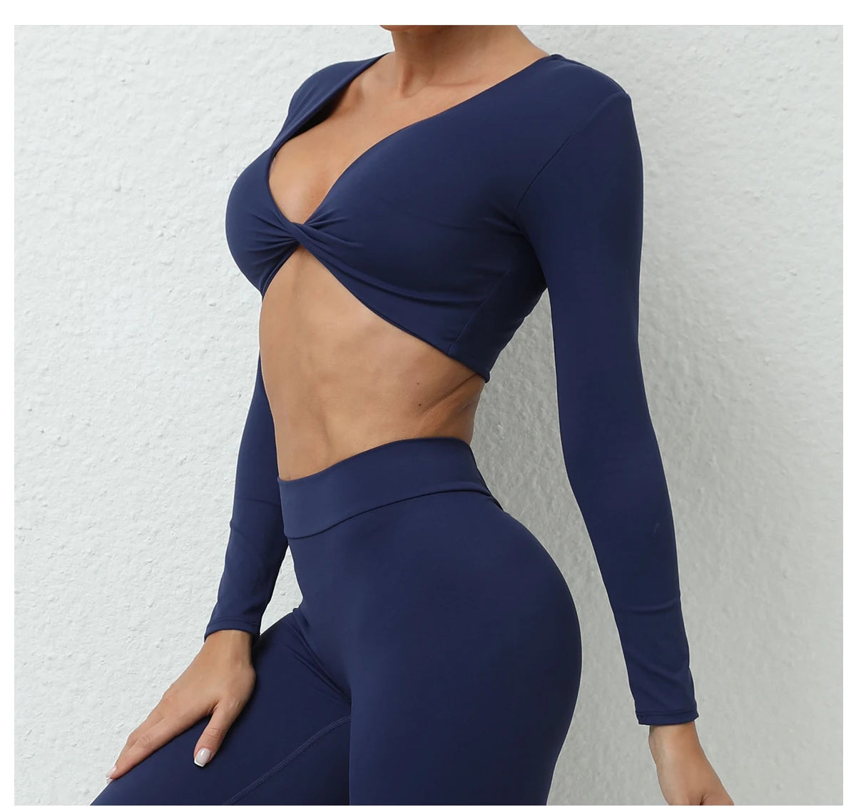 Long Sleeve Gym Crop Tops for Women Twist Deep V Workout Quick Dry Padded Sports Fitness Yoga T-Shirt