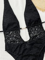 Sexy Black Lace Contrast One Piece Swimwear Women 2026 Pearls Deep V Neck Slim Tummy Control Swimsuit Holiday Bathing Suits