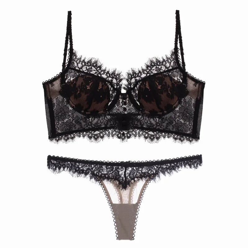 French Ultra Thin Lace Bra Set Sexy U Type Beautiful Back Underwear for Women Embroidery Flowers Bralette Romantic Bra Thong Set