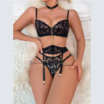 Floral Lace Garter Lingerie Set With Choker Women Intimates 2024 Underwire Bra And Thongs Ladies Underwear Set