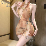 Butterfly Printed Dream Ancient Style Hollow Out Cheongsam Transparent Dress Charming Sleeveless Hanging Neck Pure Desire UQ9G