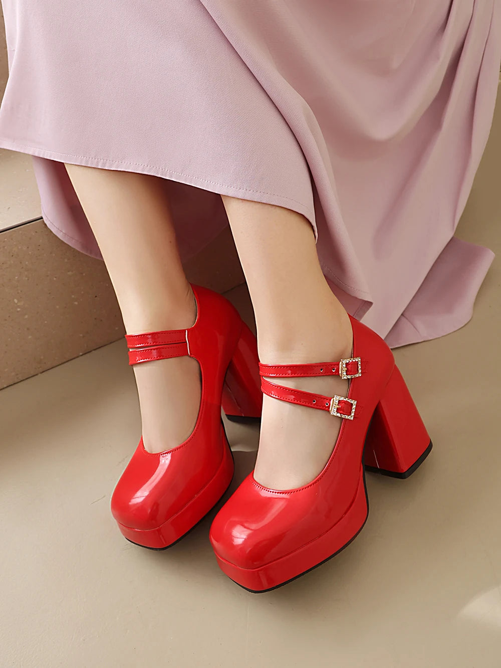 Women Silver Metallic Platform Mary Jane Shoes Double Rhinestone Buckle Chunky Block High Heels Y2K Vintage Square Toe Pumps